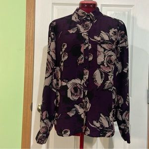 Joe Fresh women 100% Silk eggplant purple floral long sleeve shirt. Size L. Used
